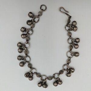 Vintage Silver Tone Jingle Bell Leaf Link Charm Bracelet Boho Tribal 7.5 Inch